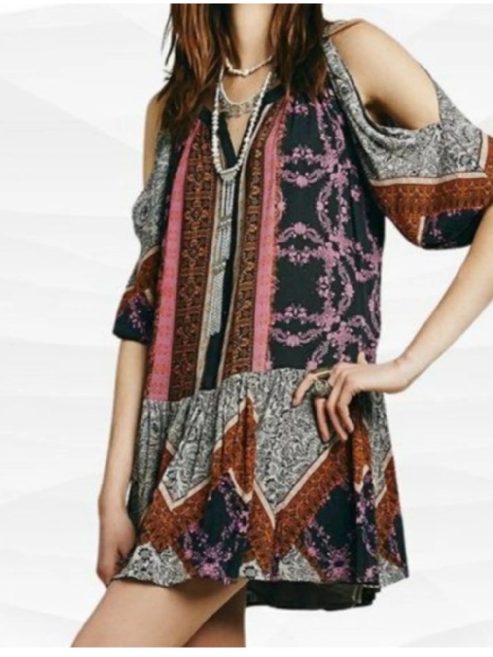 Free People Black, Purple & Rust Cold-Shoulder Boho Mini Dress Size XS